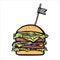 Hand-drawn burger hot dish. delicious sandwich line vector stock illustration. concept for Menu, fast food. Icon.