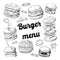 Hand Drawn Burgers. Fast Food Menu with Cheeseburger, Sandwich and Hamburger