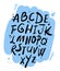 Hand drawn calligraphic font. Vector latin rustic alphabet painted by brush on blue. Cartoon doodle dots and stripes for