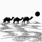 Hand drawn camels walk through the desert. Caravan going through the sand dunes. Camel caravan concept in vintage