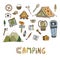 Hand drawn camping elements. Summer vacation icons. Vector sketches set of travel icons