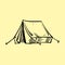 Hand drawn camping tent vector illustrations. Isolated on yellow background