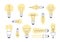 hand drawn cartoon bulbs set. lighting yellow electricity bright bulbs set of isolated objects. vector cartoon flat