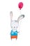 Hand-drawn cartoon bunny rabbit in pants and shirt with balloon isolated on white background