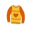 Hand drawn cartoon cozy sweater with patterns. There is a red heart in the midlle of sweater.