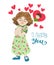 Hand-drawn cartoon girl thinks about the boy . I love you greeting card