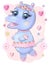 hand drawn cartoon hippo dancing ballet in a tutu. dancing animals.Children\\\'s illustration