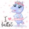 hand drawn cartoon hippo dancing ballet in a tutu. dancing animals.Children\\\'s illustration