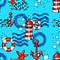 Hand drawn cartoon Marine seamless pattern with anchors lifebuoys lighthouse and starfish