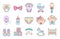 Hand drawn cartoon vector icons set for creating infographics related to children and babies , like pacifier, romper suit, baby bu