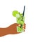 Hand drawn cartoon vector illustration of male african american hand in holding glass of green mojito cocktail with lime