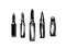 Hand drawn cartridge set, ink drawing sketch weapon bullets vector, black isolated live ammunition illustration on white