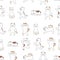 Hand drawn cat cartoon seamless background. Cute cats different poses.