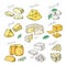 Hand drawn cheese. Doodle appetizers and food slices, different cheese types Parmesan, brie cheddar feta. Vector sketch