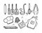 Hand-drawn chef\\\'s tools and doodle-style clothing. A rolling pin.