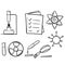 Hand drawn Chemistry lab and diagrammatic icons showing assorted experiments, glassware and molecules in doodle style