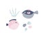 Hand drawn childish illustration with two funny puffer fishes in soft colors for nursery, cloth prints, decorations