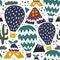 Hand drawn childish pattern with balloon, tents,mountains and cactus. Journey at wild nature . Travellind adventures, camping