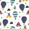 Hand drawn childish pattern with balloon and tents, Wild nature with mountains and field. Travellind adventures, camping.