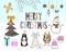 Hand drawn christmas card with cute penguin, cat, owl, snowman, bird, tree, presents and other items.