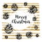 Hand drawn Christmas card with lettering. Pinecones wreath composition, Fir cones, Trendy striped golden background