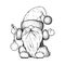 Hand drawn Christmas gnome in Santa Claus costume with Christmas tree ball. Vector illustration in sketch style