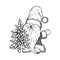 Hand drawn Christmas gnome in Santa Claus costume with Christmas tree. Vector illustration in sketch style