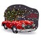 Hand drawn Christmas greeting card. Vector retro red car with decorated fir tree on top. Snowy evening forest. Xmas and