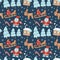 Hand drawn Christmas seamless pattern with house, fir-tree forest, deer, sled, Santa Claus snowflake on blue background.