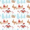 Hand drawn Christmas seamless pattern with house, fir-tree forest, deer, sled, Santa Claus snowflake on white background.