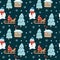 Hand drawn Christmas seamless pattern with house, fir-tree forest, deer, sled, snowman, bag, snowflake on black background.