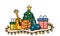 Hand-drawn Christmas toys doodle colored. Gifts for the new year under the tree. Festive colorful vector illustration