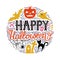 Hand drawn circle print with lettering Happy Halloween and doodles pumpkin, cat, bat, ghost .