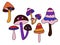 Hand drawn clipart illustration with hippie groovy mushrooms in orange purple blue red colors. Retro vintage 1960s 1970s