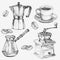 Hand drawn coffee collection. Cup, coffee maker, coffee grain, coffee grinder
