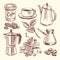 Hand drawn coffee cup, beans, leaves, coffeepot and coffee grinder vector illustration