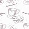 Hand drawn coffee cup with vanilla seamless pattern. Outline background