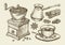 Hand drawn coffee grinder, cup, beans, star anise, cinnamon, chocolate, cezve, drink. Sketch vector illustration