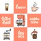 Hand drawn coffee maker, coffe machine, American press, grinder, latte, cappucino. Collection of coffee time symbols and
