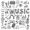 Hand-drawn collection with music doodles. Music icons set. Vector illustration.