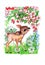 Hand-drawn color illustration of a wild spotted fawn in the forest