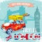 Hand drawn , color penÑil funny red car, travel to London.vector illustration