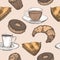 Hand drawn color tea, coffee and pastry seamless pattern