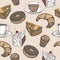 Hand drawn color tea, coffee and pastry seamless pattern