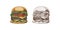 Hand-drawn colored and monochrome sketches of great delicious sandwiches, burgers, hamburgers isolated on white background.