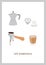 Hand drawn colored trendy minimalist poster with coffee portafilter, moka pot, capsules and hot freshly brewed specialty