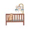 Hand drawn colorful childish cot vector flat illustration. Baby carousel with hanging toys over wooden bed isolated on