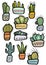 Hand drawn colorful flat various cactuses in pots isolated on the white background