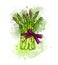 Hand drawn colorful green fresh asparagus bound with a ribbon bo