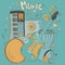 Hand drawn colorful music background. Doodle musical instruments. Retro musical equipment.